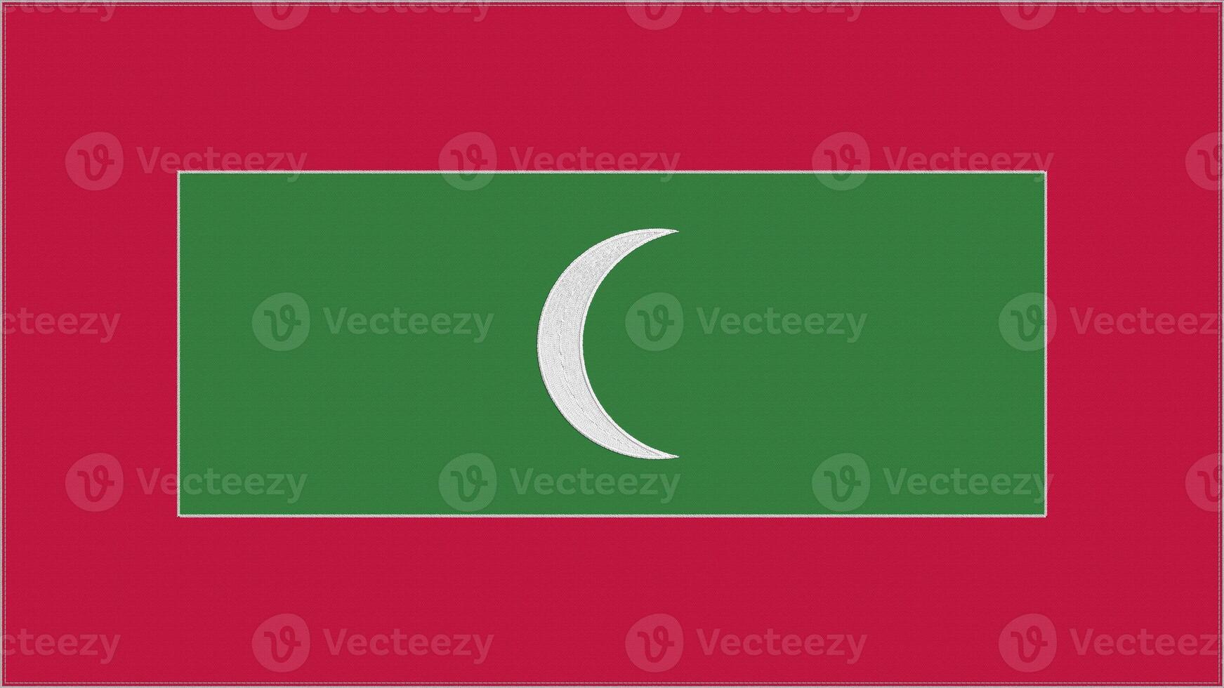 Maldives embroidery flag. Maldivian emblem stitched fabric. Embroidered coat of arms. Country symbol textile background. photo