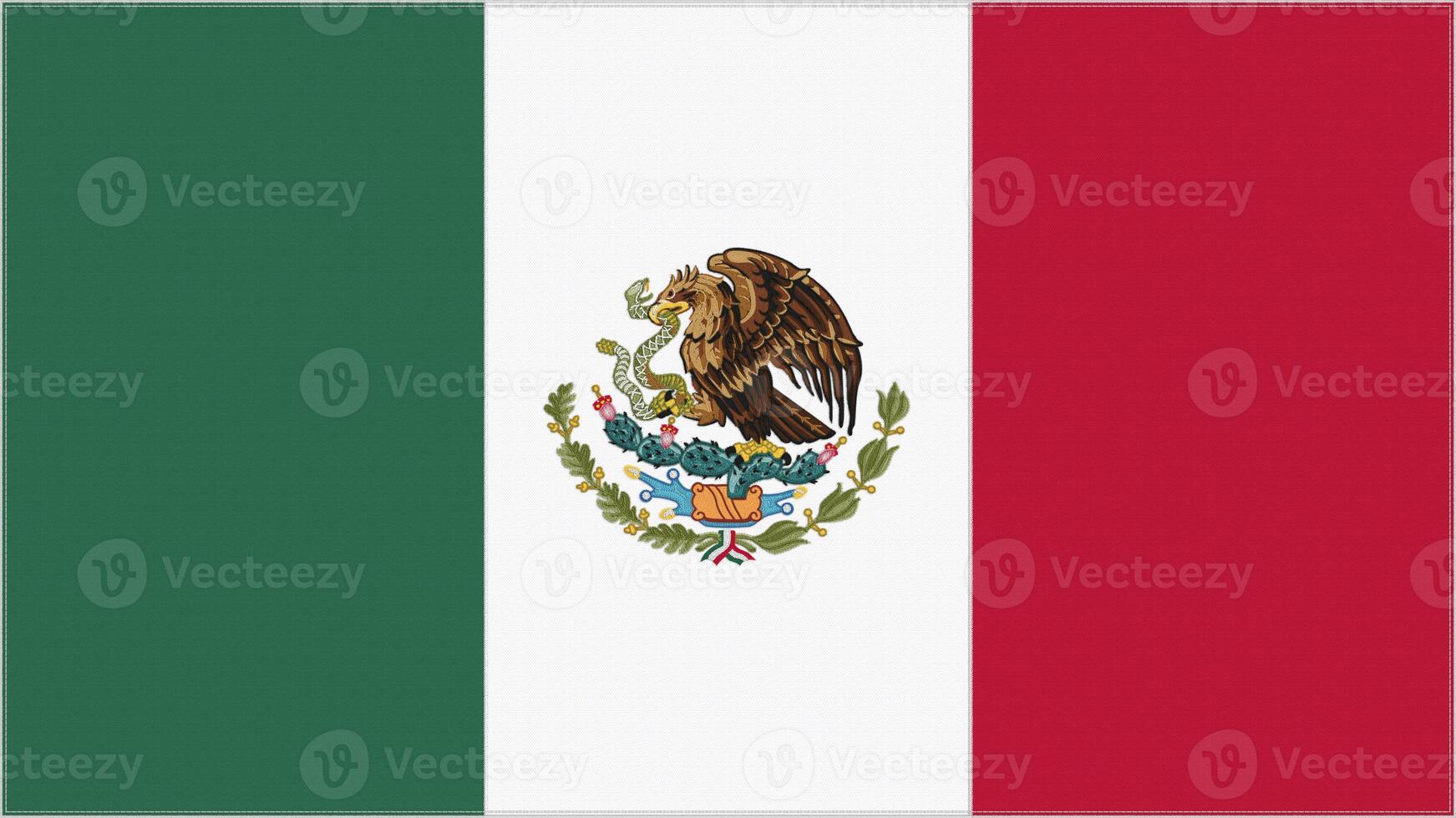 Mexico embroidery flag. Mexican emblem stitched fabric. Embroidered coat of arms. Country symbol textile background. photo