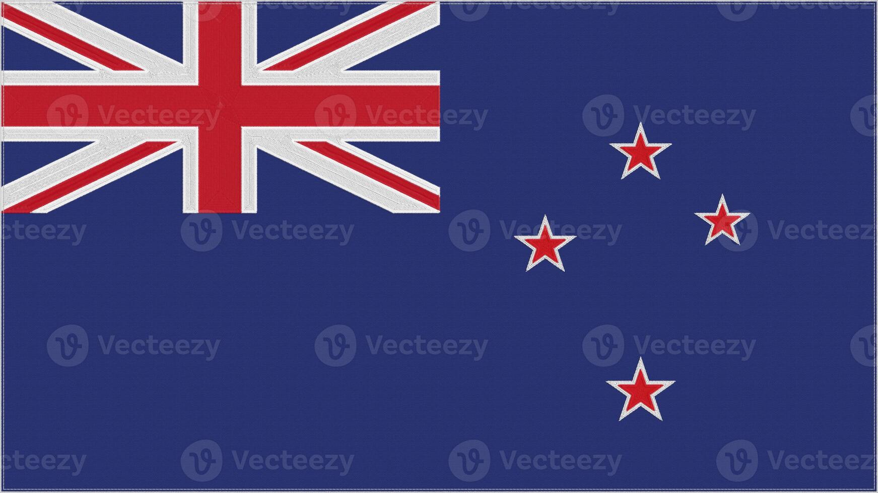 New Zealand embroidery flag. Emblem stitched fabric. Embroidered coat of arms. Country symbol textile background. photo