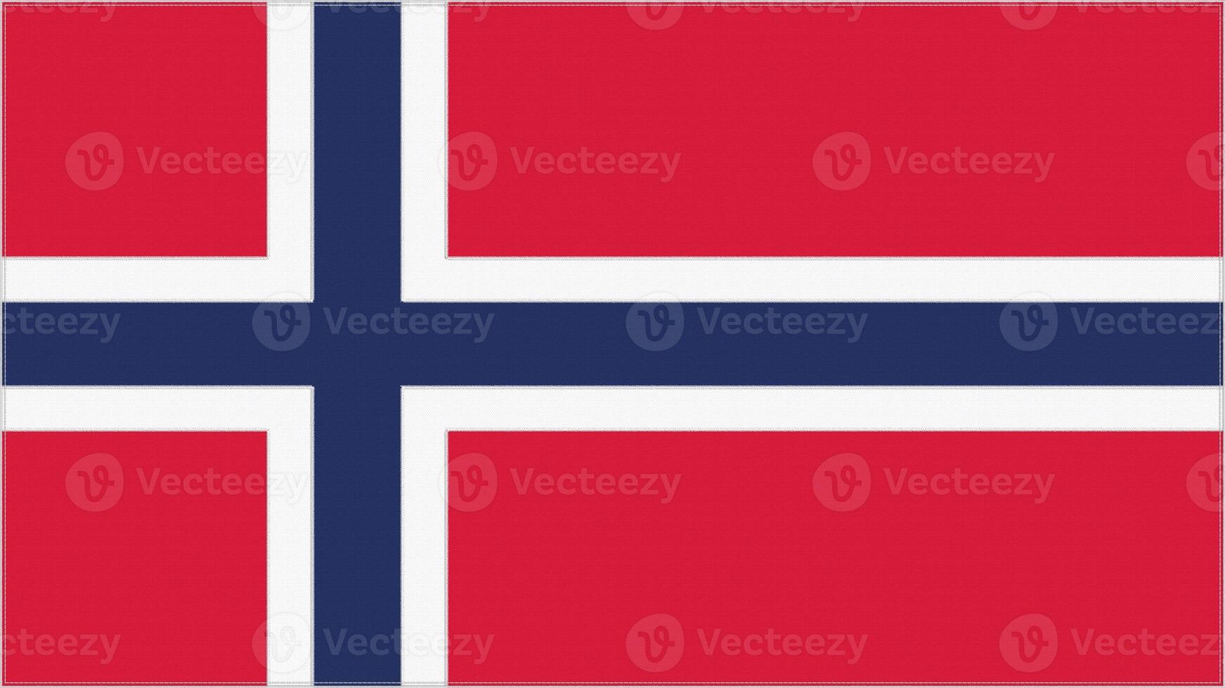Norway embroidery flag. Norwegian emblem stitched fabric. Embroidered coat of arms. Country symbol textile background. photo