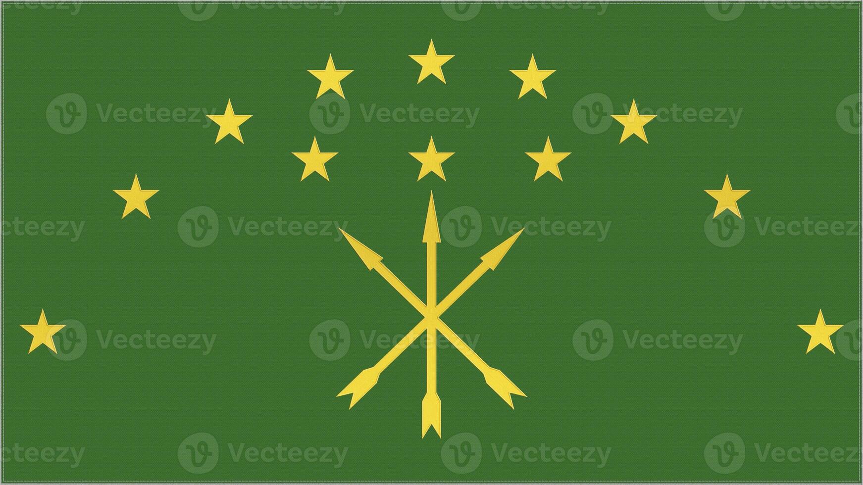 Adyghe embroidery flag. Adyghe emblem stitched fabric. Embroidered coat of arms. Country symbol textile background. photo