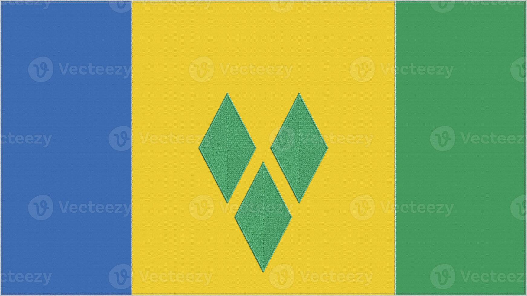 Saint Vincent and the Grenadines embroidery flag. Emblem stitched fabric. Embroidered coat of arms. Country symbol textile background. photo