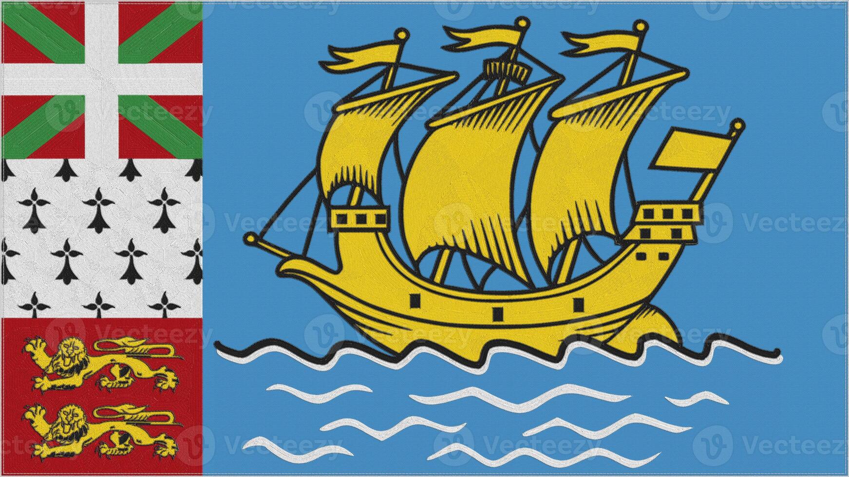 Saint Pierre and Miquelon embroidery flag. Emblem stitched fabric. Embroidered coat of arms. Country symbol textile background. photo