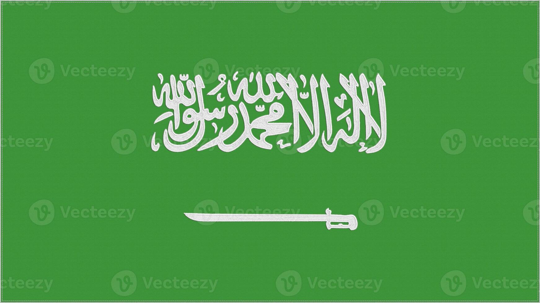 Saudi Arabia embroidery flag. Emblem stitched fabric. Embroidered coat of arms. Country symbol textile background. photo