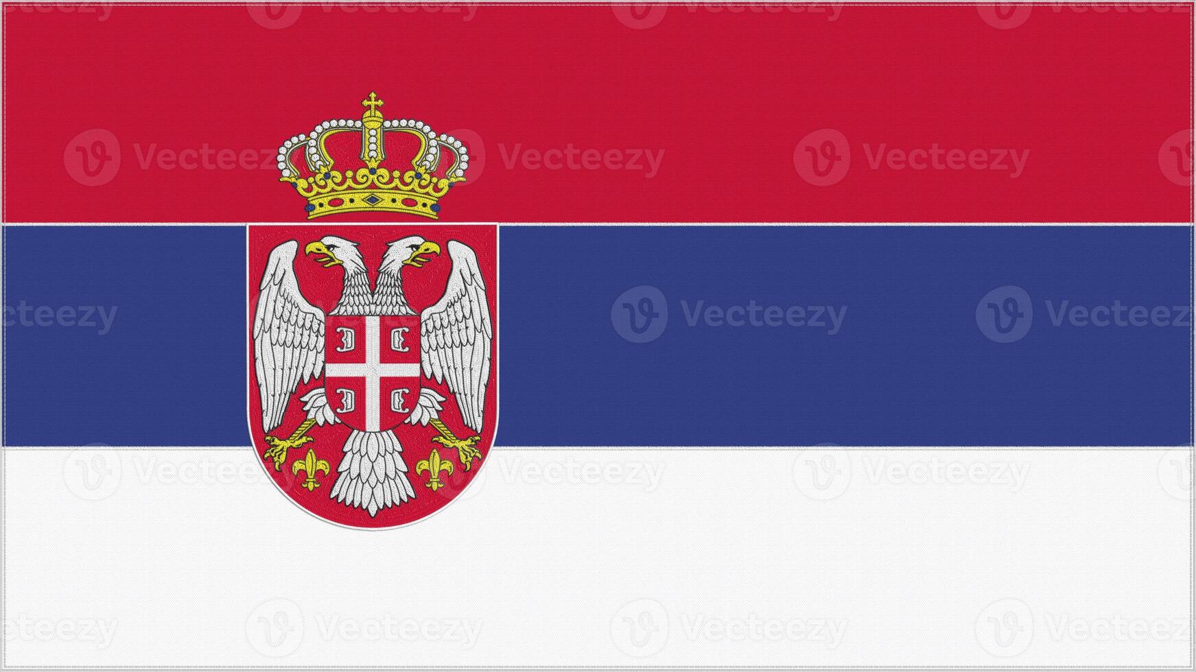 Serbia embroidery flag. Serbian emblem stitched fabric. Embroidered coat of arms. Country symbol textile background. photo