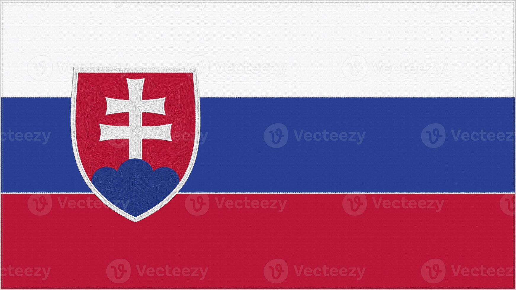 Slovakia embroidery flag. Slovak emblem stitched fabric. Embroidered coat of arms. Country symbol textile background. photo