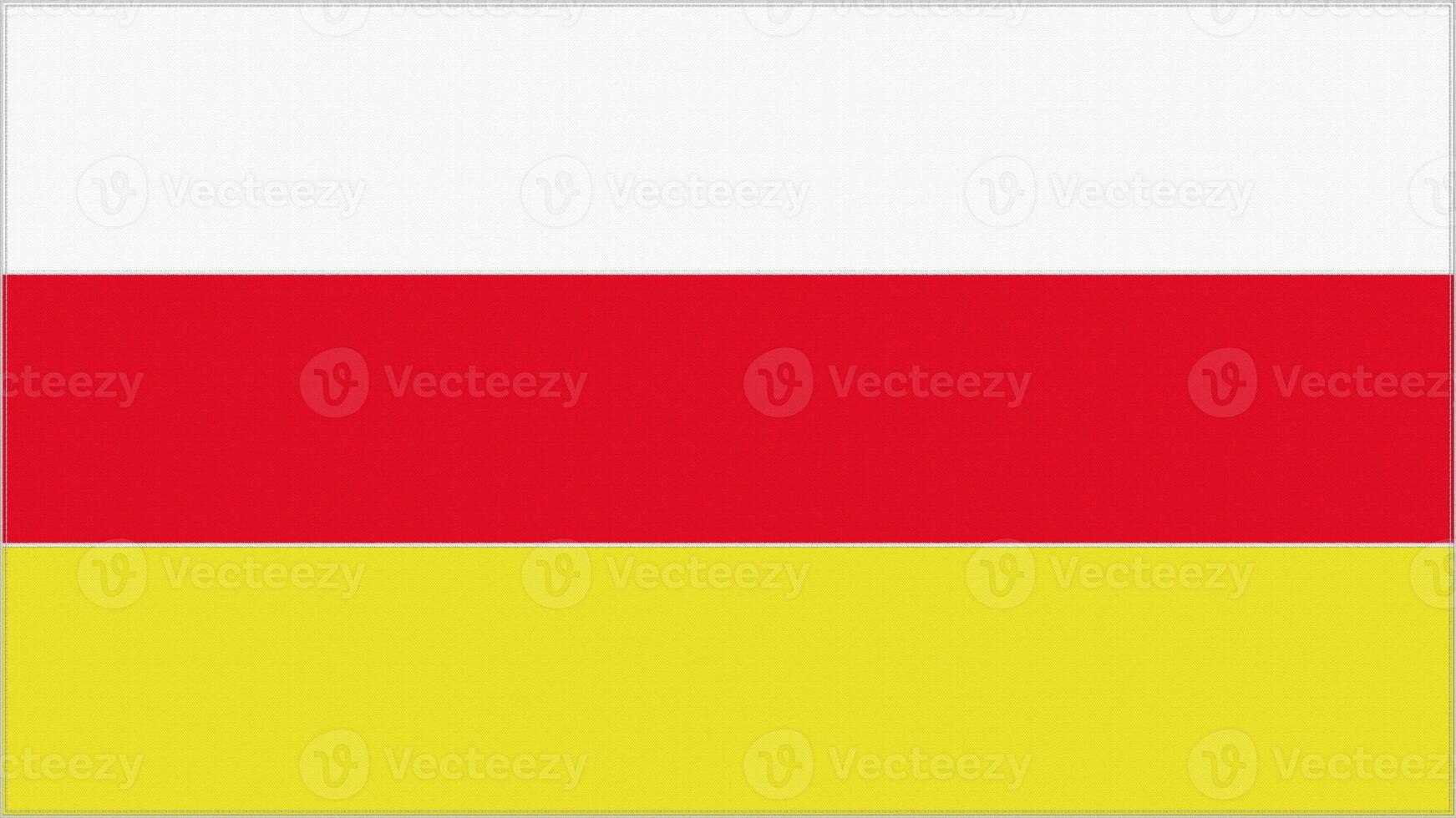 South Ossetia embroidery flag. Emblem stitched fabric. Embroidered coat of arms. Country symbol textile background. photo