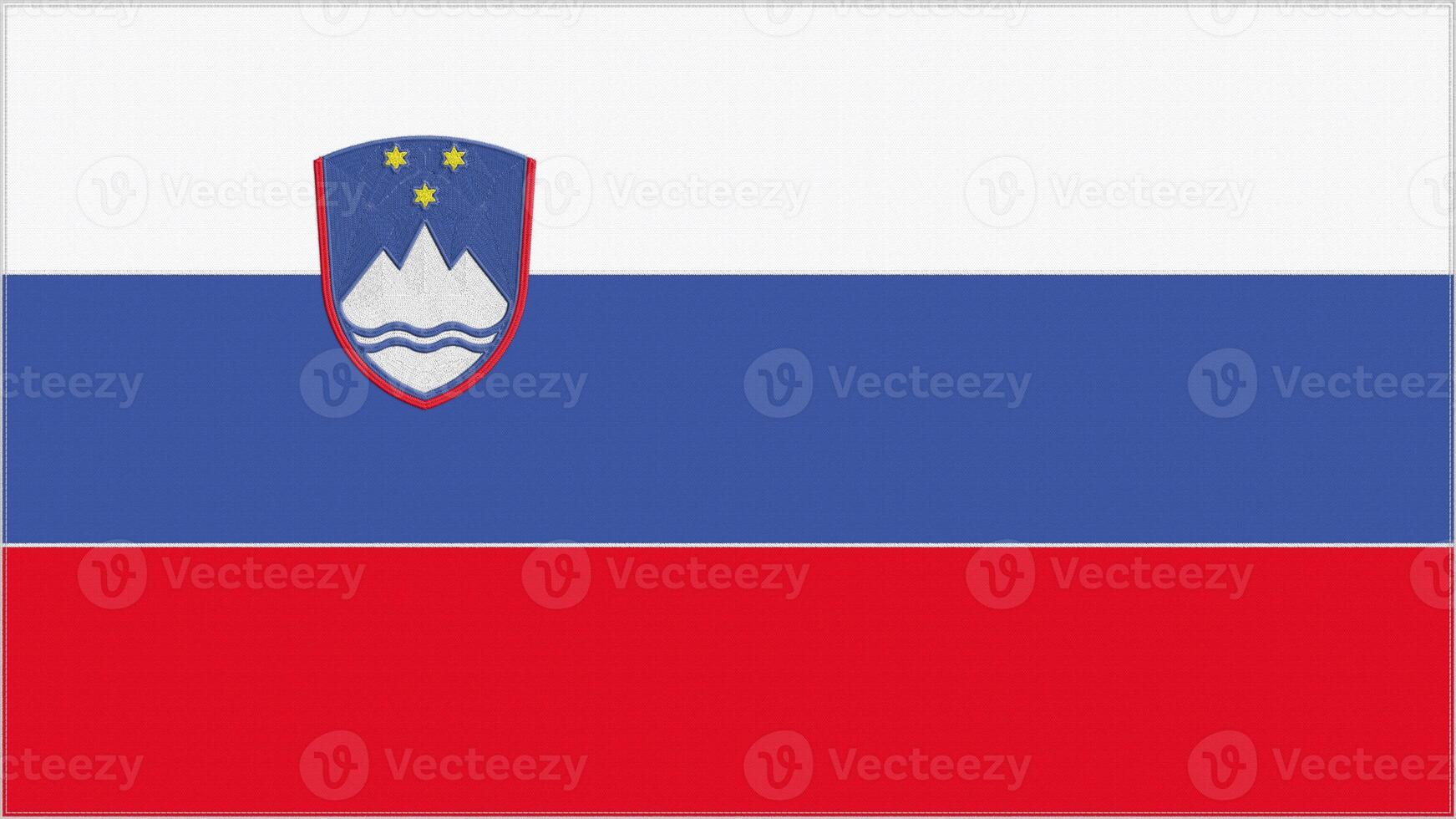 Slovenia embroidery flag. Slovenian emblem stitched fabric. Embroidered coat of arms. Country symbol textile background. photo
