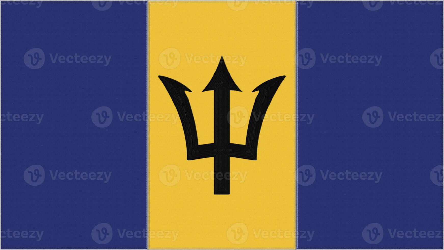 Barbados embroidery flag. Barbados emblem stitched fabric. Embroidered coat of arms. Country symbol textile background. photo