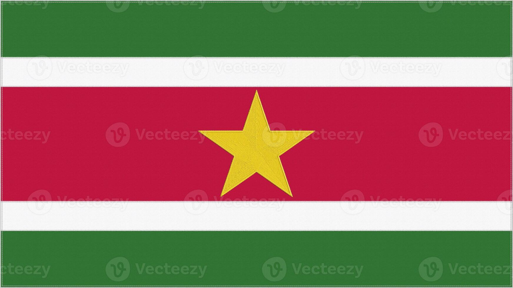 Suriname embroidery flag. Surinamese emblem stitched fabric. Embroidered coat of arms. Country symbol textile background. photo