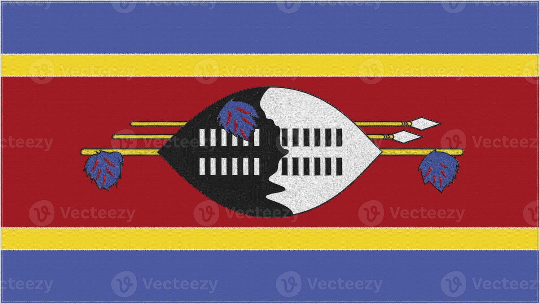 Swaziland embroidery flag. Swazi emblem stitched fabric. Embroidered coat of arms. Country symbol textile background. photo