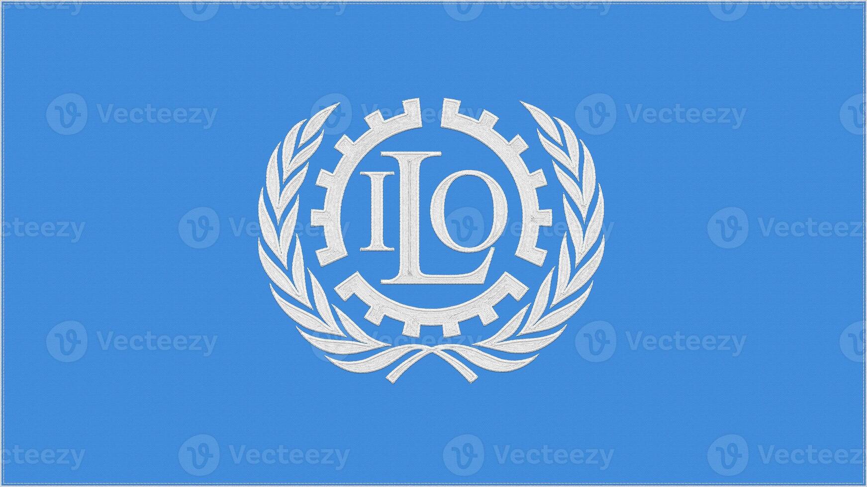 ILO - International Labor Organization embroidery flag. Emblem stitched fabric. Embroidered coat of arms. Country symbol textile background. photo