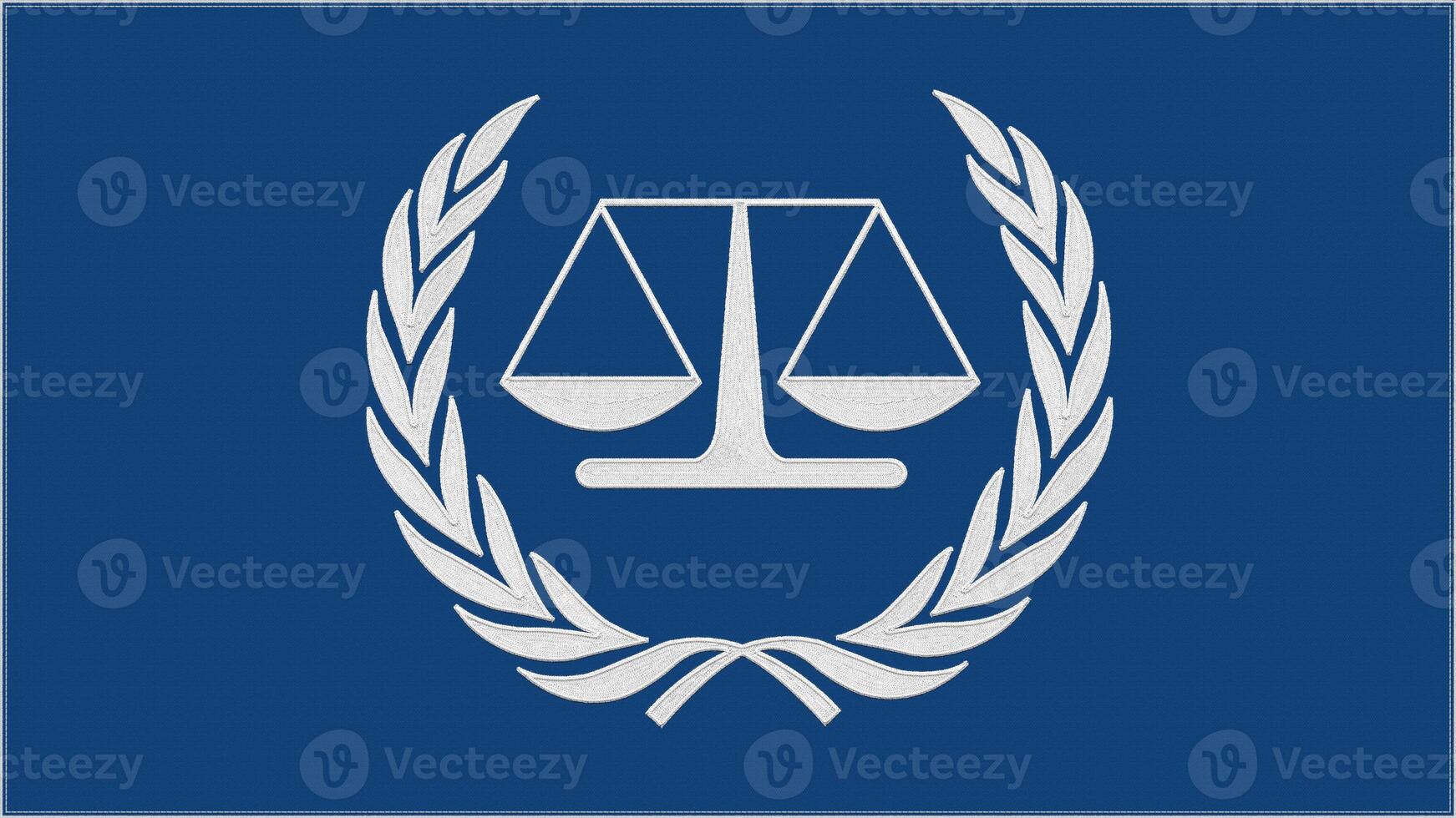 ICCT - International Criminal Court Tribunal embroidery flag. Emblem stitched fabric. Embroidered coat of arms. Country symbol textile background. photo