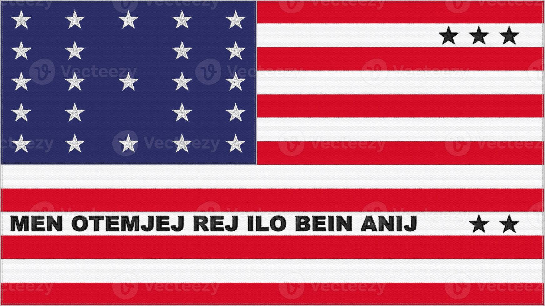 Bikini Atol embroidery flag. Bikini Atol emblem stitched fabric. Embroidered coat of arms. Country symbol textile background. photo