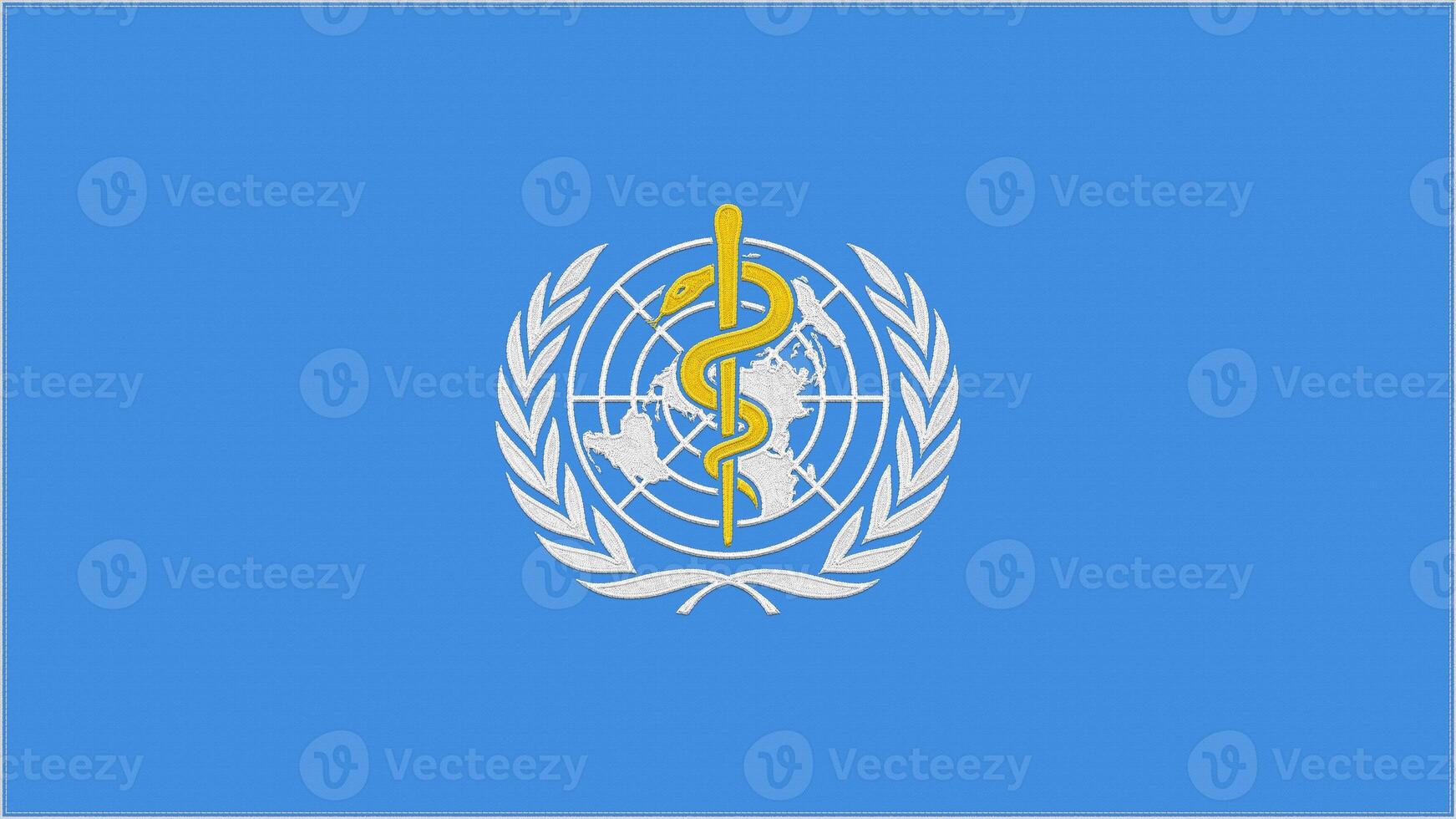 WHO - World Health Organization embroidery flag. Emblem stitched fabric. Embroidered coat of arms. Country symbol textile background. photo