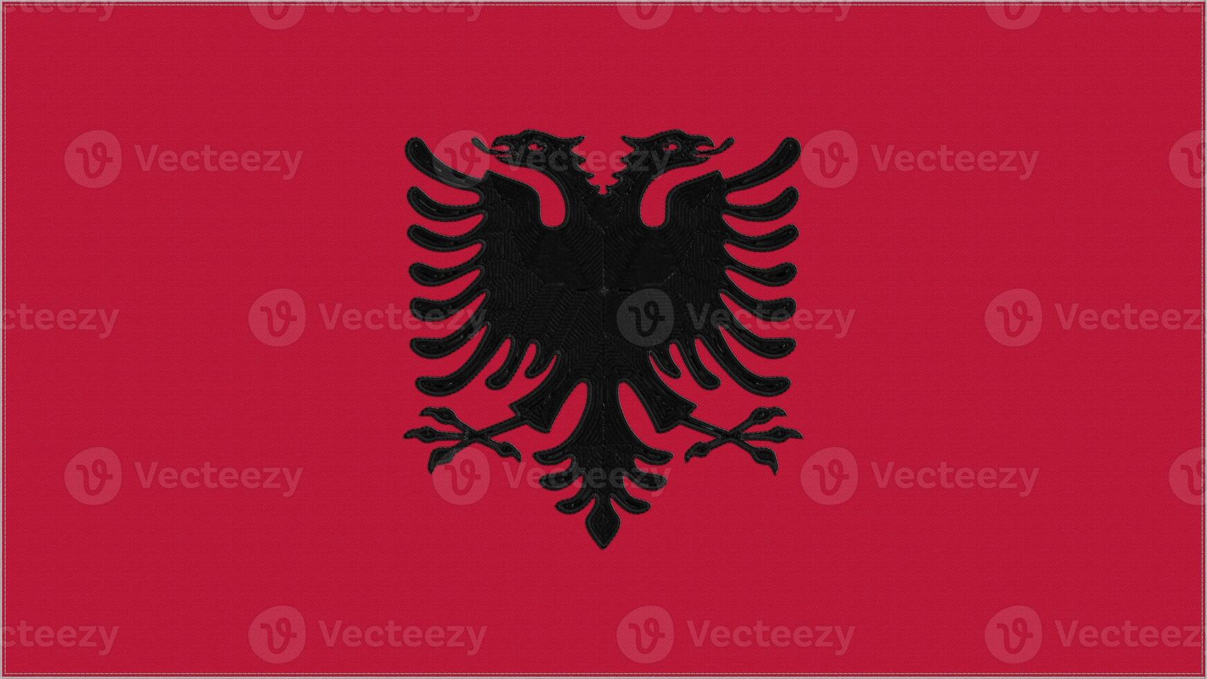 Albania embroidery flag. Albanian emblem stitched fabric. Embroidered coat of arms. Country symbol textile background. photo