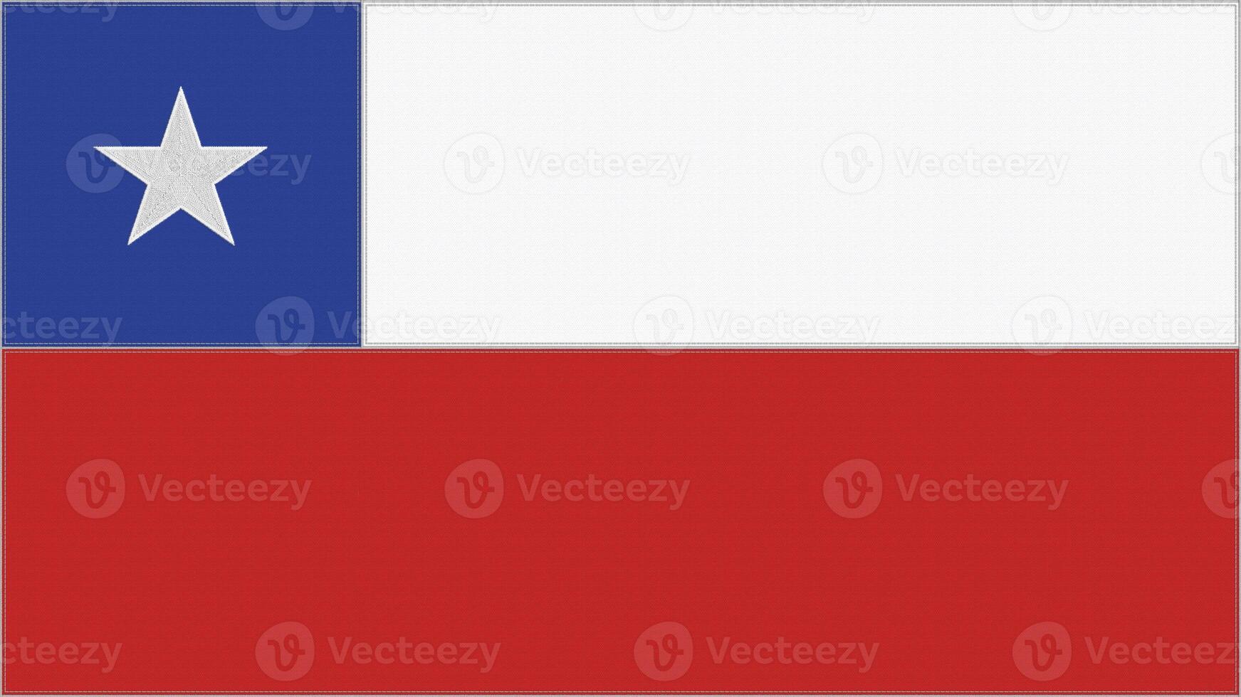 Chile embroidery flag. Chilean emblem stitched fabric. Embroidered coat of arms. Country symbol textile background. photo