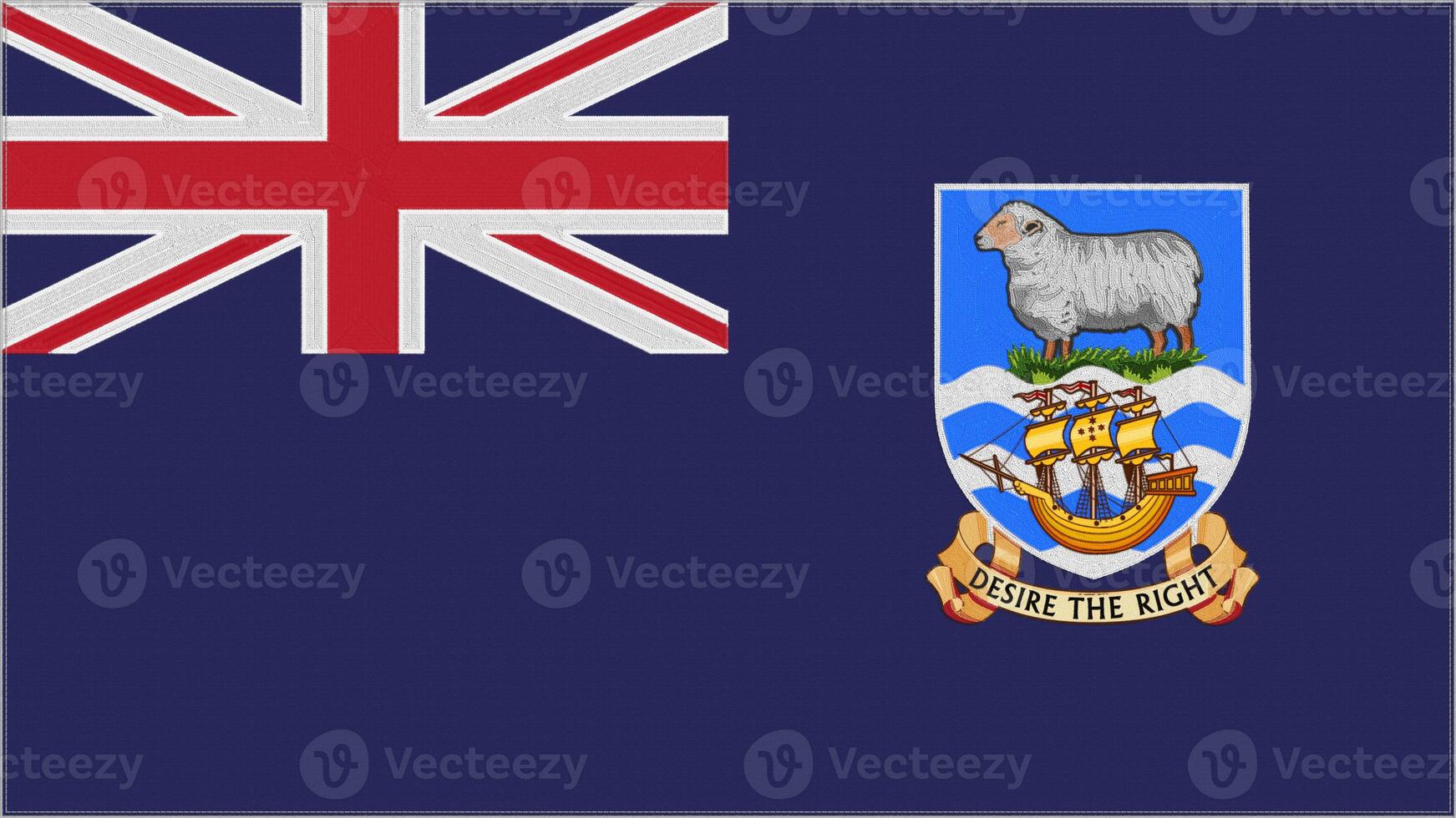 Falkland Islands embroidery flag. Emblem stitched fabric. Embroidered coat of arms. Country symbol textile background. photo