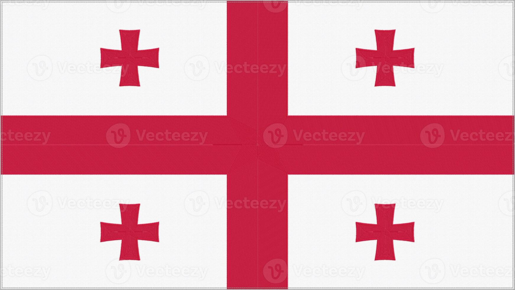 Georgia embroidery flag. Georgian emblem stitched fabric. Embroidered coat of arms. Country symbol textile background. photo