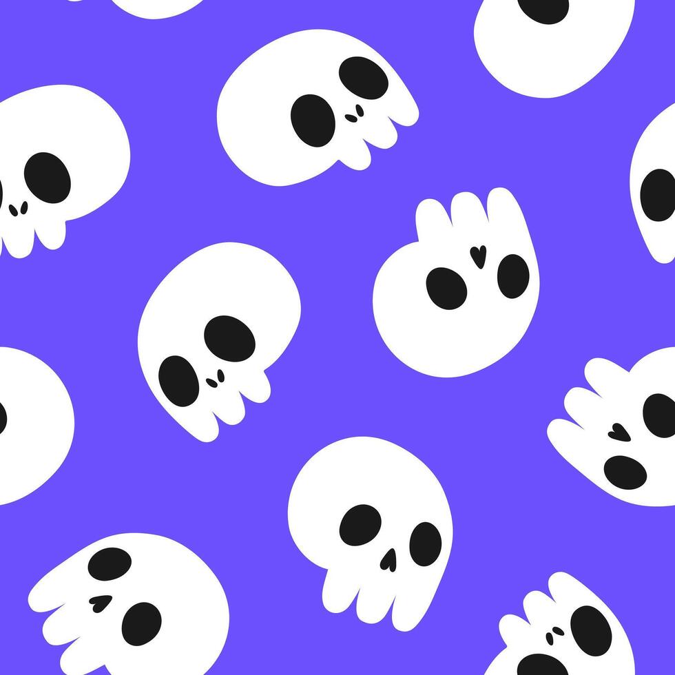 Hand drawn cute seamless pattern with little skulls. Flat Halloween print in doodle style. Evil dead head character. Repeated scary skeleton mascot background, wrapping or wallpaper. vector