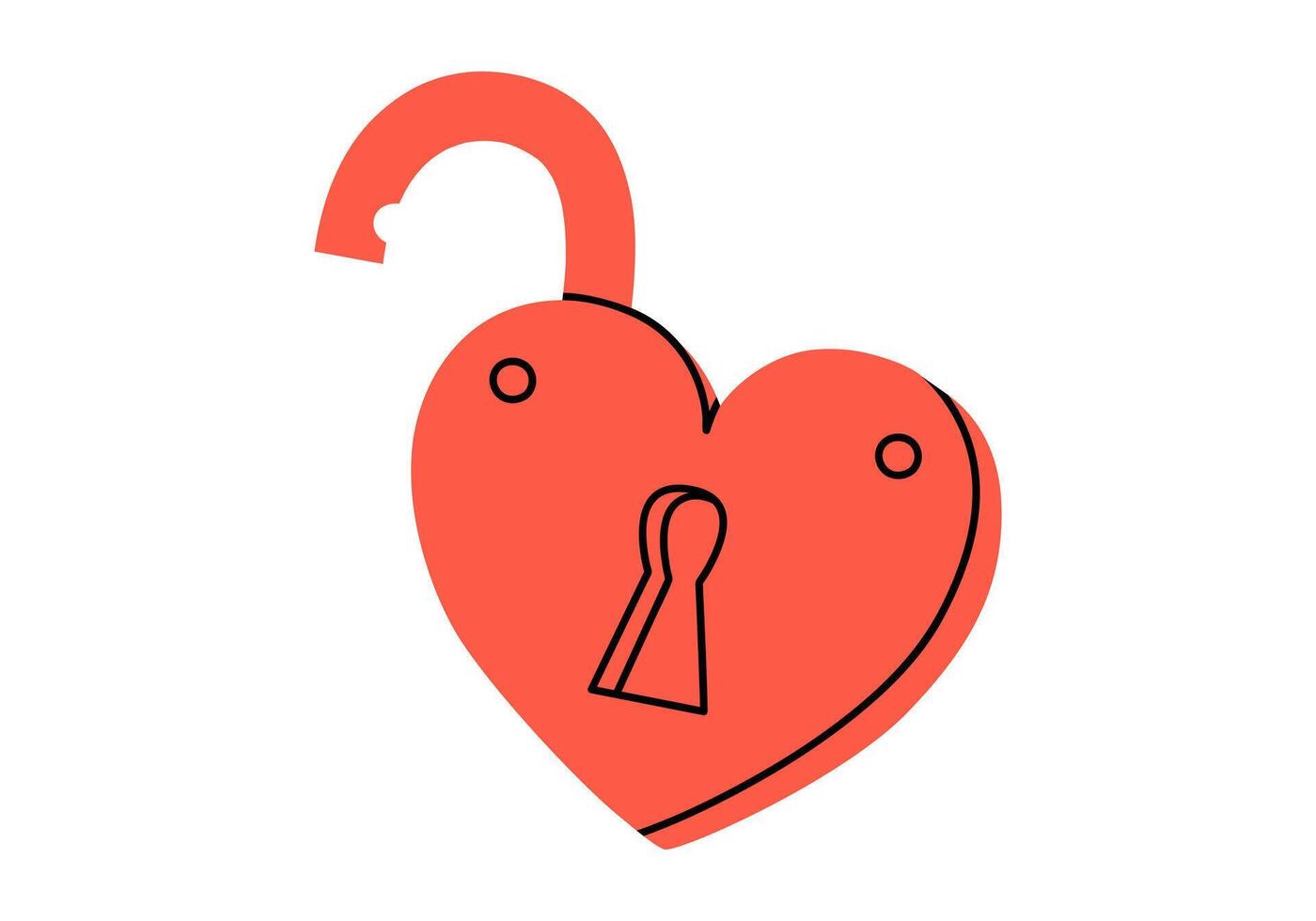 Hand drawn cute cartoon illustration of open lock in heart shape. Flat open to relationship, loneliness sticker in doodle style. Valentine's Day icon. Wedding vow. Isolated vector