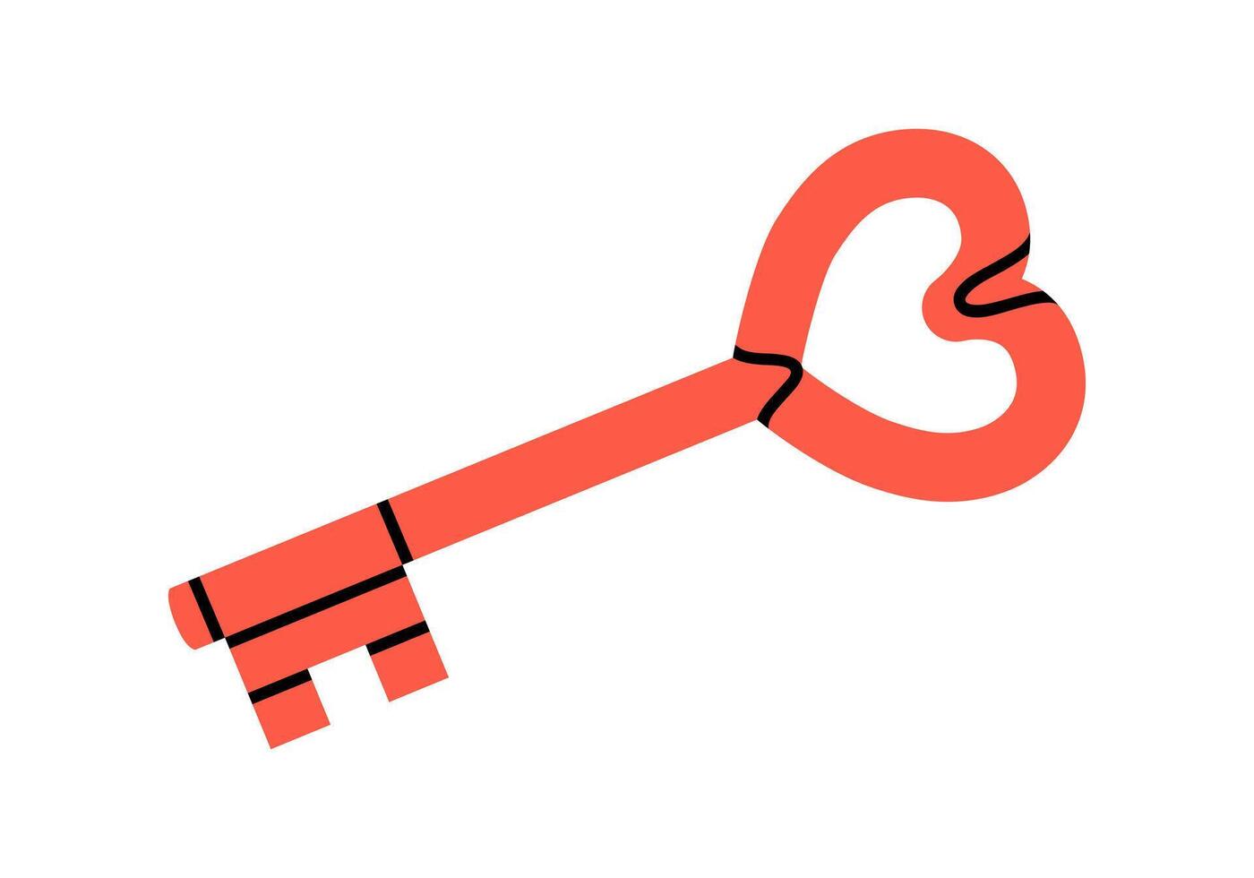 Hand drawn cute cartoon illustration of heart shaped key. Flat search for love sticker in doodle style. Valentine's Day icon. Understanding or loyalty. Keep feelings locked up. Isolated. vector