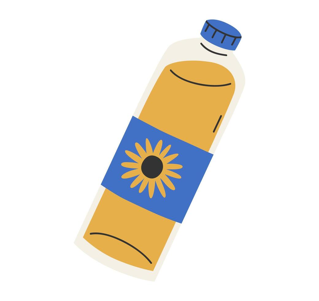 Hand drawn cute cartoon illustration of oil bottle. Flat sunflower oil in plastic packaging in colored doodle style. Vegetable fat product icon or print. Isolated on background. vector