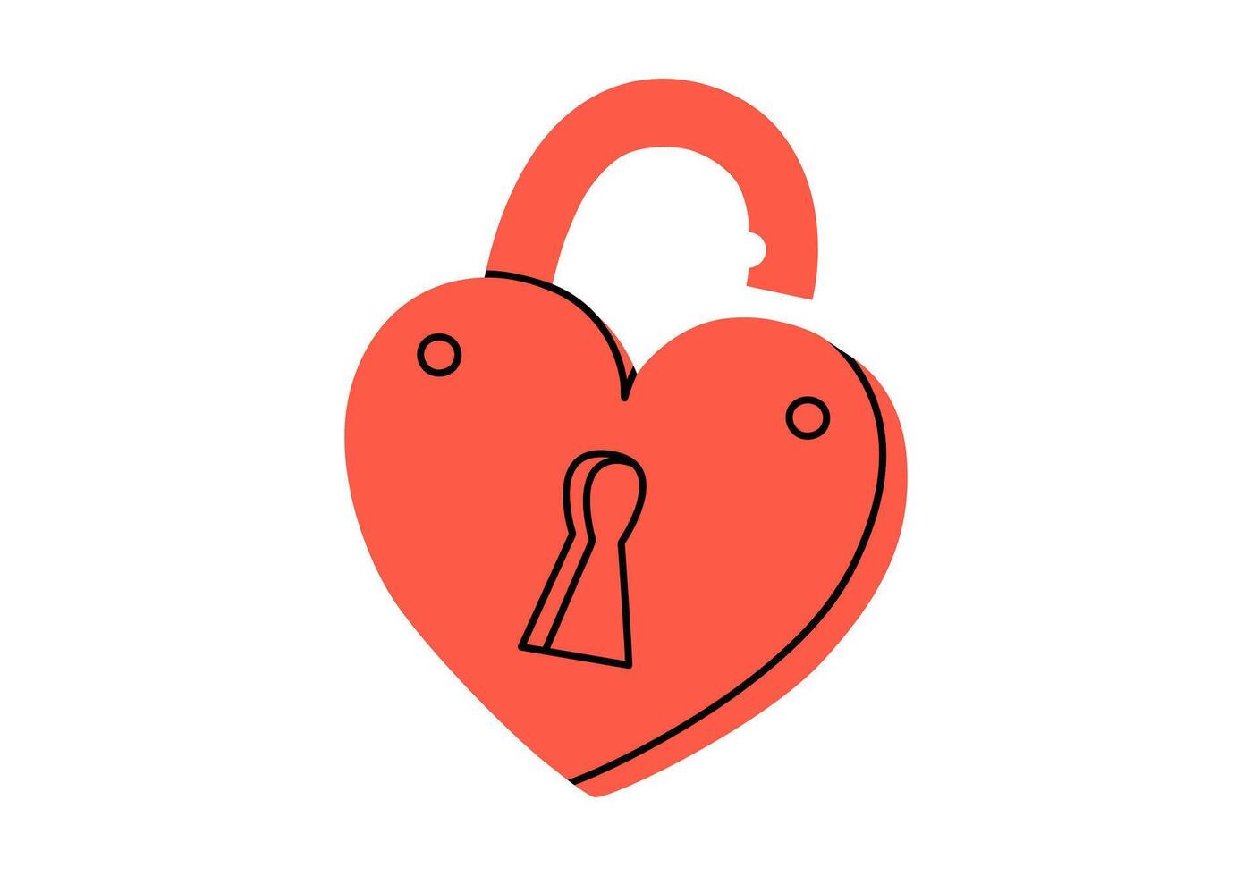 Hand drawn cute cartoon illustration of open lock in heart shape. Flat open to relationship, loneliness sticker in doodle style. Valentine's Day icon. Wedding vow. Isolated vector