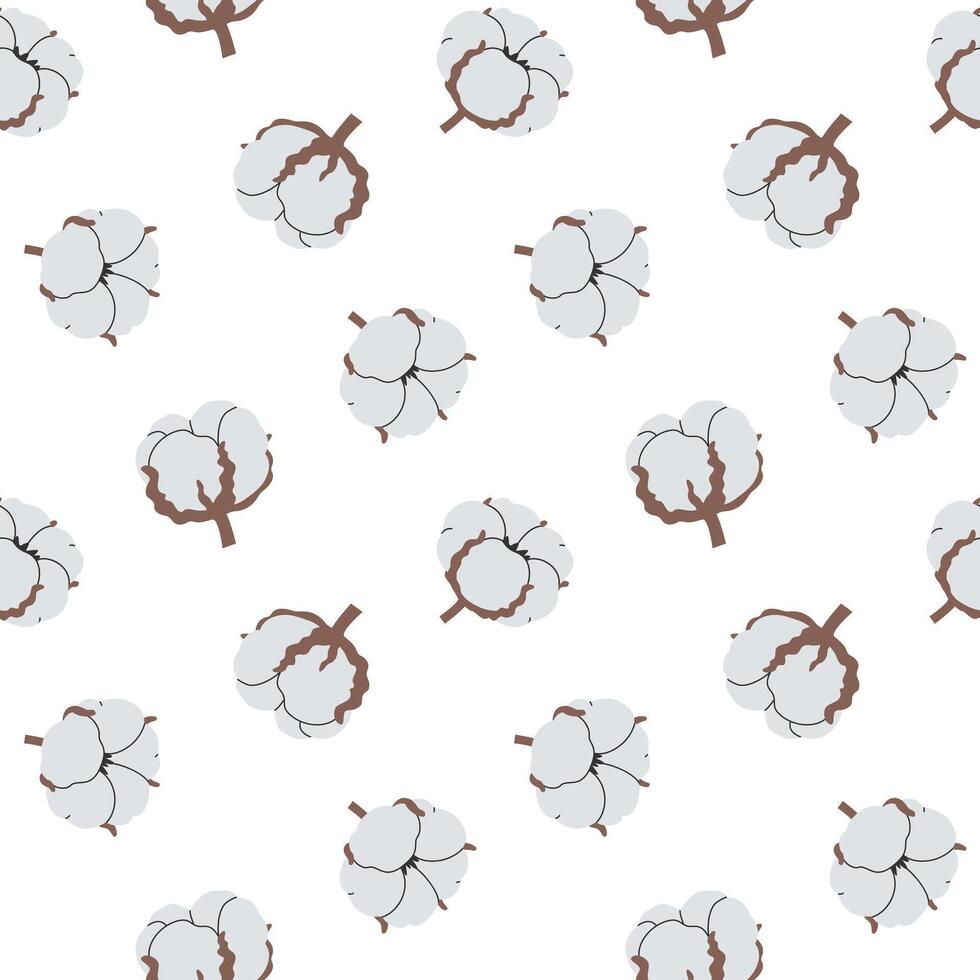 Hand drawn cute cartoon floral seamless pattern with cotton branch. Flat flower concept in colored doodle style. Repeated background botanical, twig wrapping, wallpaper or print design. vector