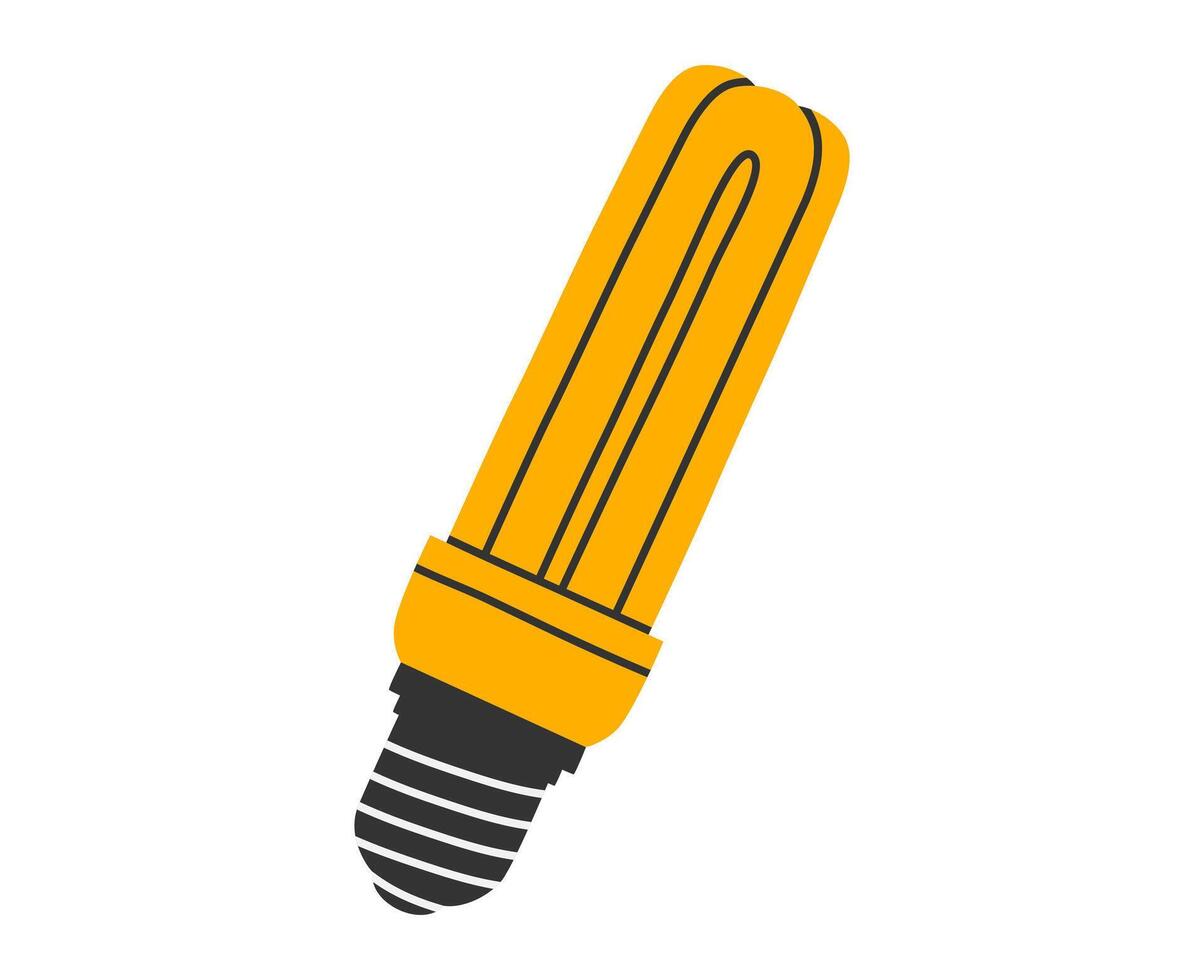 Hand drawn cute cartoon illustration of CFL lamp, glowing light bulb. Compact Fluorescent Lamp. Flat good idea concept in colored doodle style. Energy saving device sticker, icon. Isolated. vector