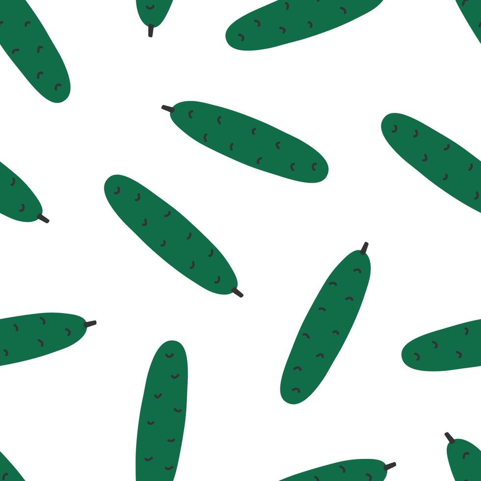 Hand drawn cute cartoon seamless pattern with green cucumber or vegetable marrow. Flat garden harvest print in colorful doodle style. Repeated background with vegetable, wrapping or wallpaper. vector