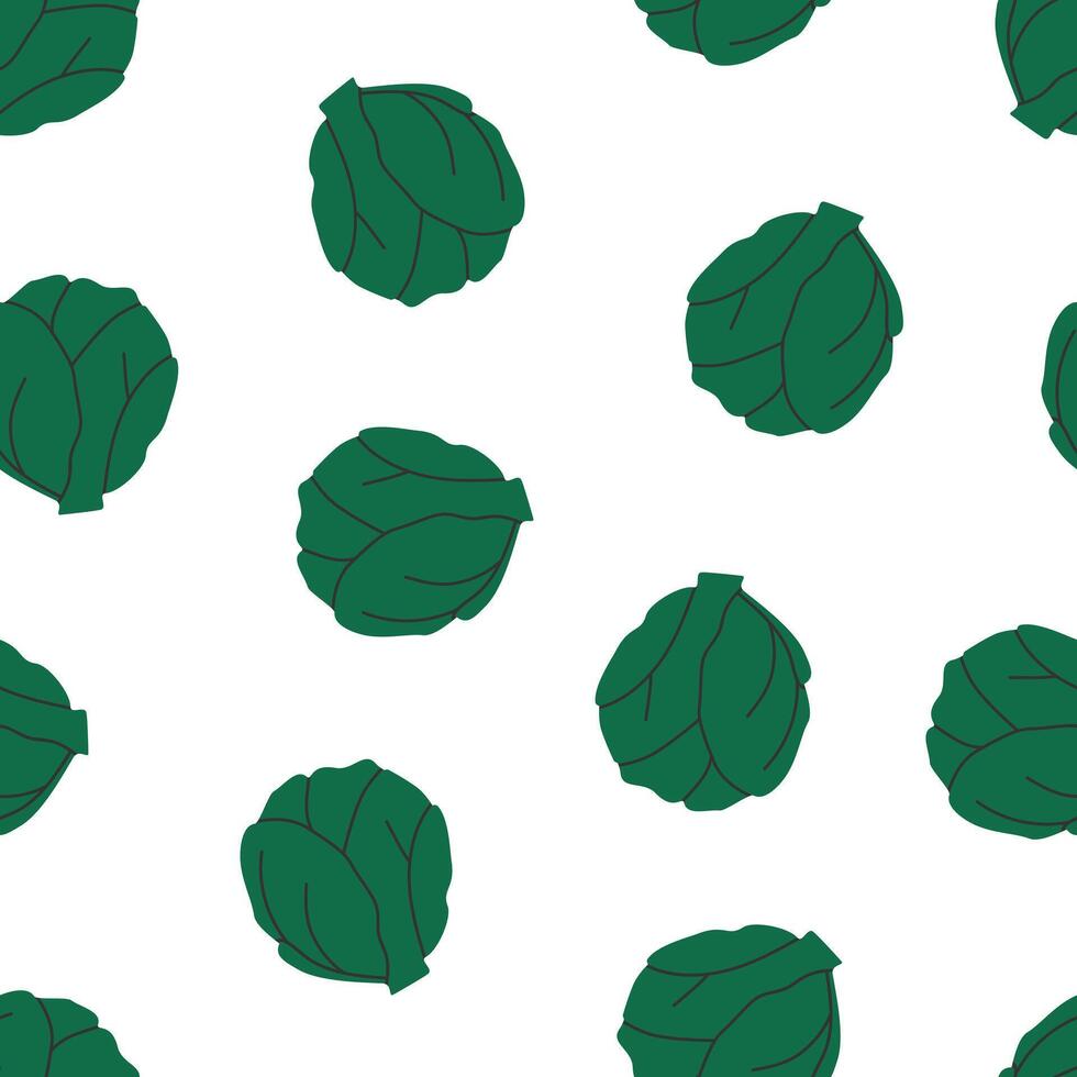 Hand drawn cute cartoon seamless pattern with green cabbage, cauliflower head. Flat garden harvest print in colorful doodle style. Repeated background with vegetable, wrapping or wallpaper. vector