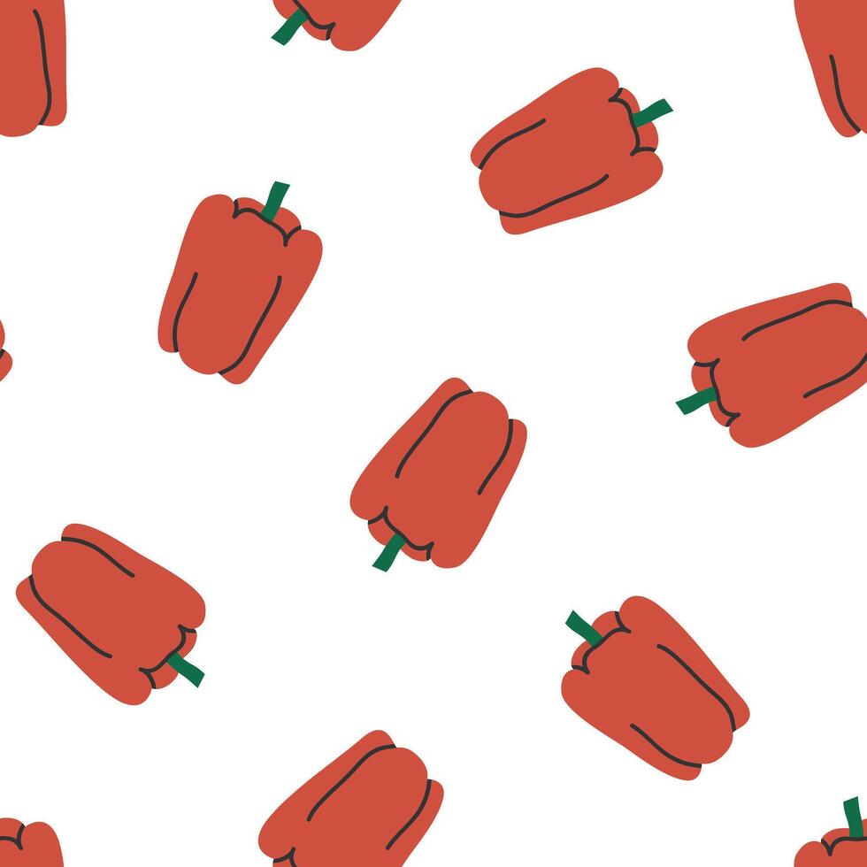 Hand drawn cute cartoon seamless pattern with red pepper. Flat garden harvest print in colorful doodle style. Repeated background with vegetable, wrapping or wallpaper. vector