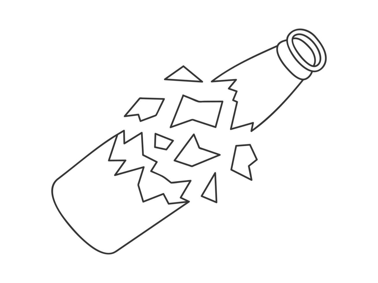 Hand drawn cute illustration of outline broken glass bottle. Flat fragments with sharp edges, environmental pollution design in line art doodle style. Ecology sticker, icon or print. Isolated. vector