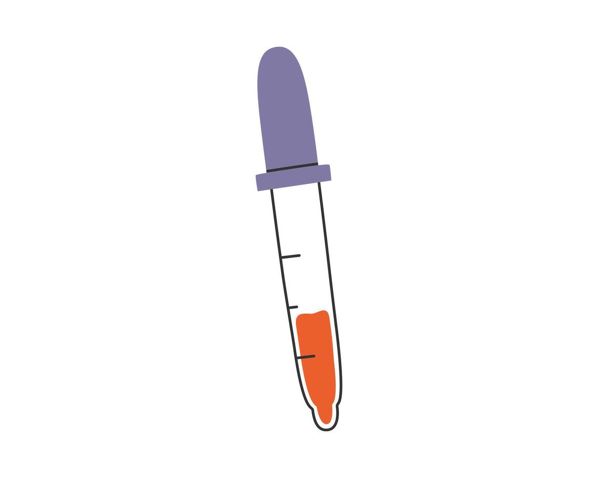 Hand drawn cute illustration of pipette with blood. Flat laboratory equipment in simple colored doodle style. Blood test, dropper, medicine sticker, icon or print. Isolated on white background vector