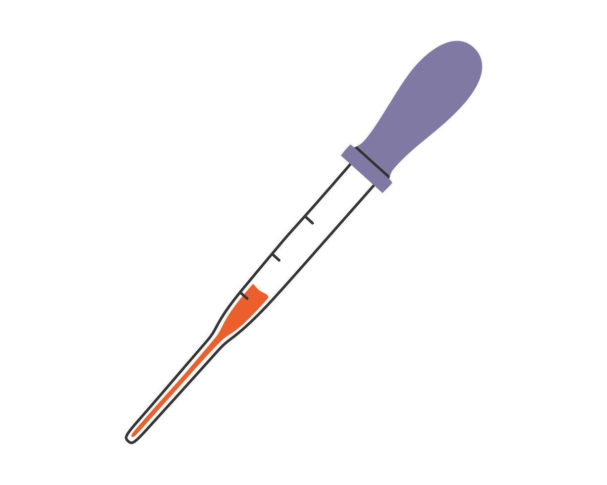 Hand drawn cute illustration of pipette with blood. Flat laboratory equipment in simple colored doodle style. Blood test, dropper, medicine sticker, icon or print. Isolated on white background vector