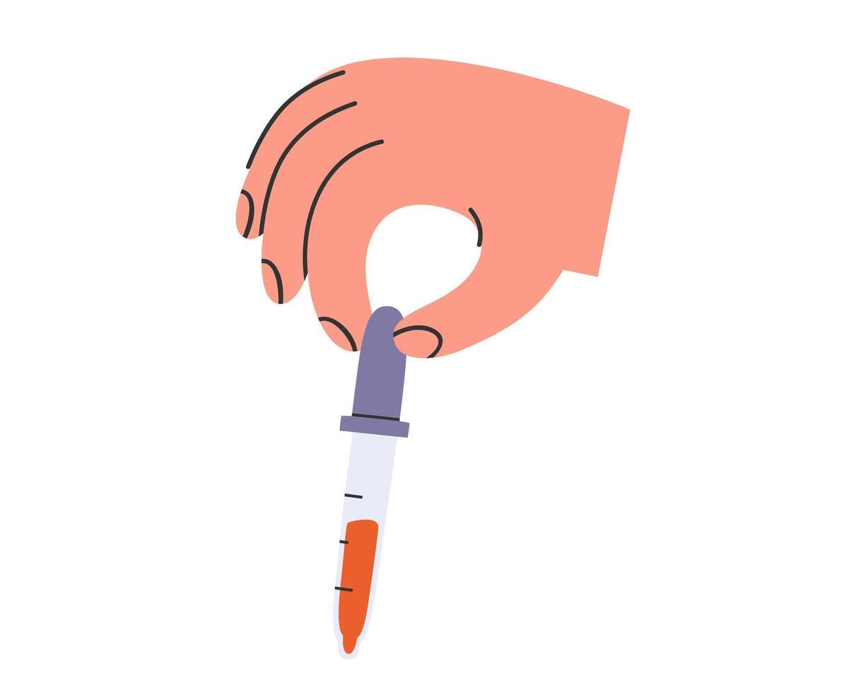 Hand drawn cute illustration of hand with dropper. Flat laboratory equipment in simple colored doodle style. Medicine, blood test sticker, icon or print. Isolated on white background. vector