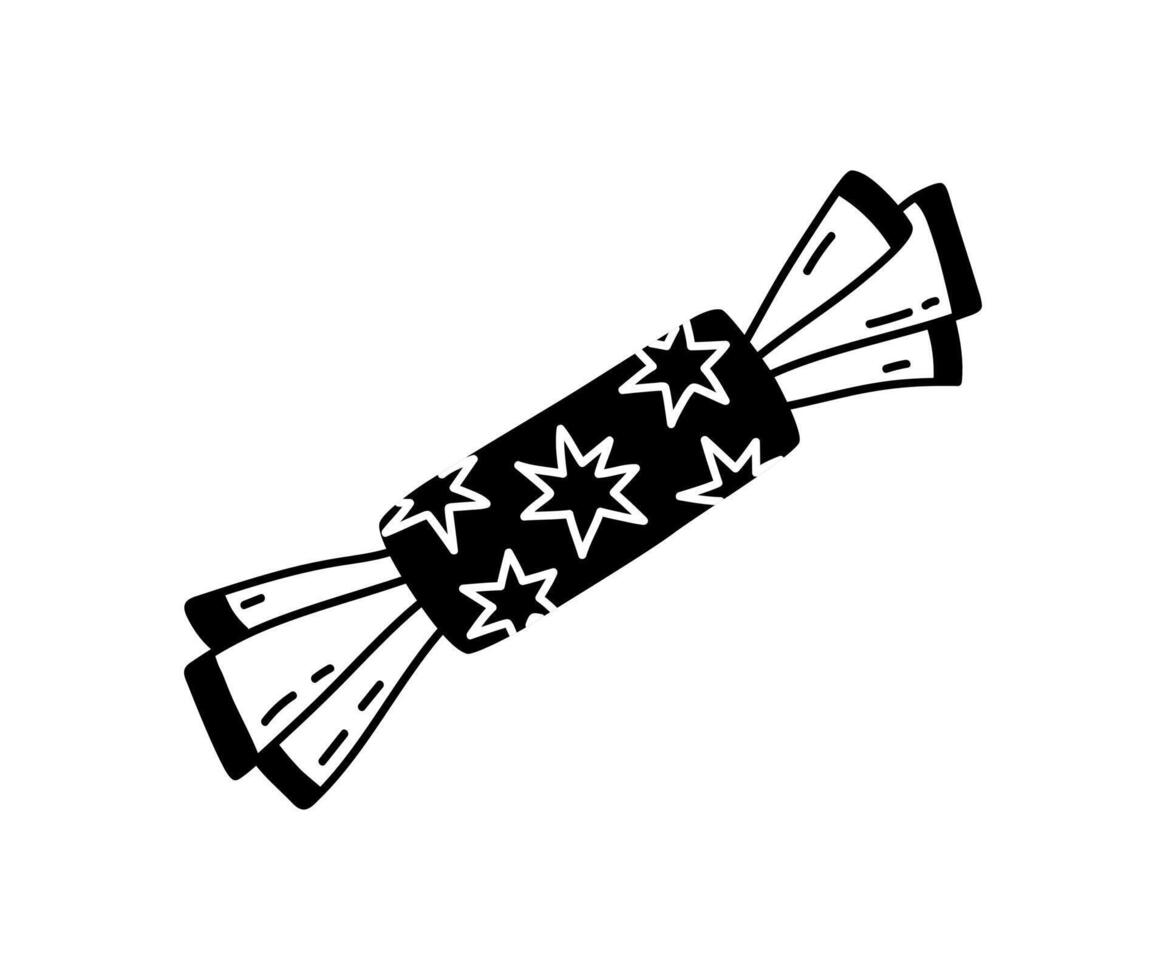 Hand drawn cartoon illustration of outline party cracker. Cute doodle simple bon bon, firecracker line art. Flat pyrotechnics, festive, celebration, Christmas sticker, icon or print. Isolated. vector