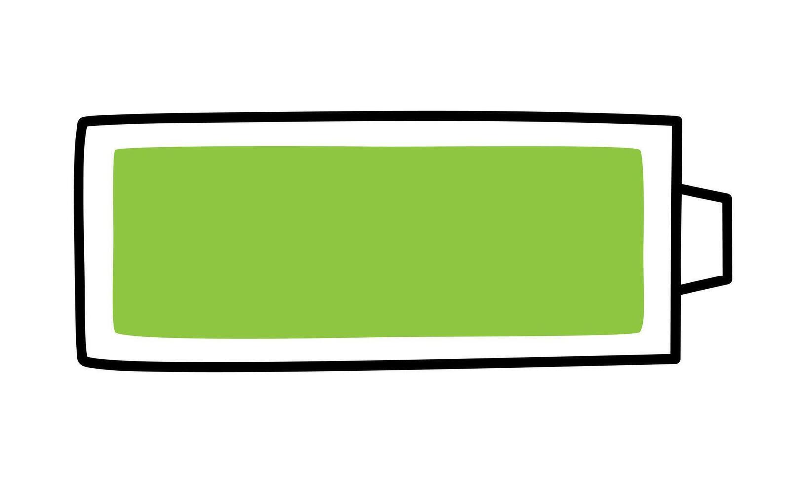 Hand drawn cute outline illustration of fully charged battery. Flat energy source, accumulator symbol in doodle style. Mental health, full of energy, motivated sticker, icon. Isolated. vector