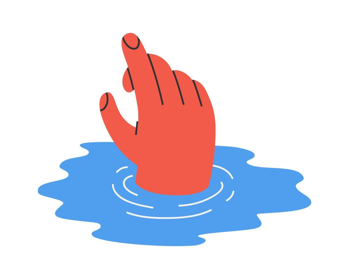 Hand drawn cute illustration of drowning hand. Flat sink into depression, problem, addiction in doodle style. Mental health, psychology, deep water sticker, icon. Isolated on white background. vector