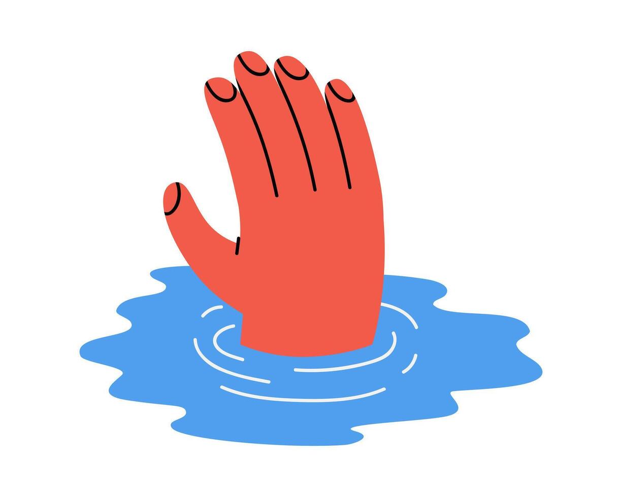 Hand drawn cute illustration of drowning hand. Flat sink into depression, problem, addiction in doodle style. Mental health, psychology, deep water sticker, icon. Isolated on white background. vector