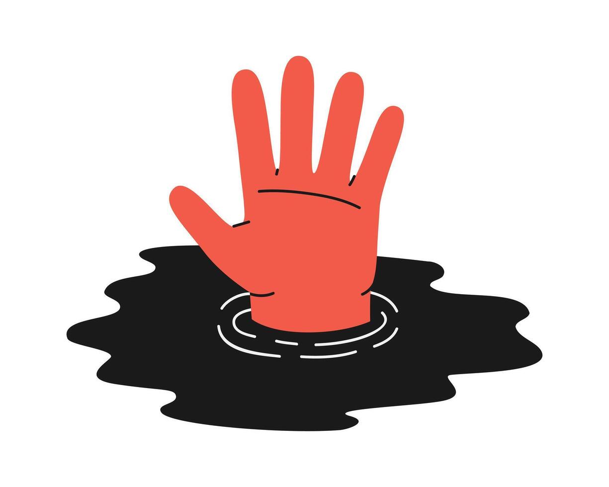 Hand drawn cute illustration of drowning hand. Flat sink into depression, problem, addiction in doodle style. Mental health, psychology, deep water sticker, icon. Isolated on white background. vector