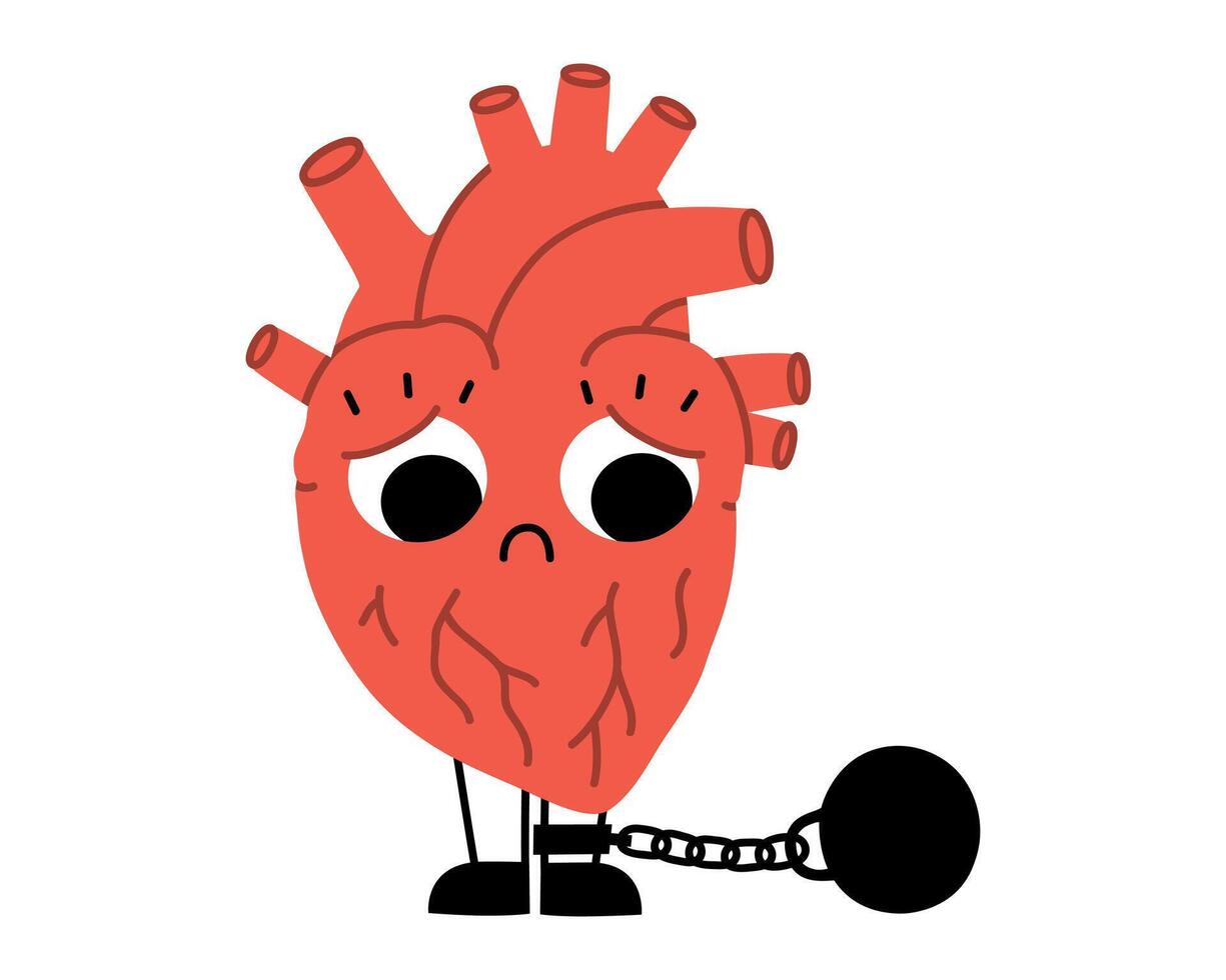 Hand drawn cute illustration heart in shackle and iron ball with chain. Flat addiction concept, emotional dependence symbol character in doodle style. Mental health sticker or print. Isolated. vector