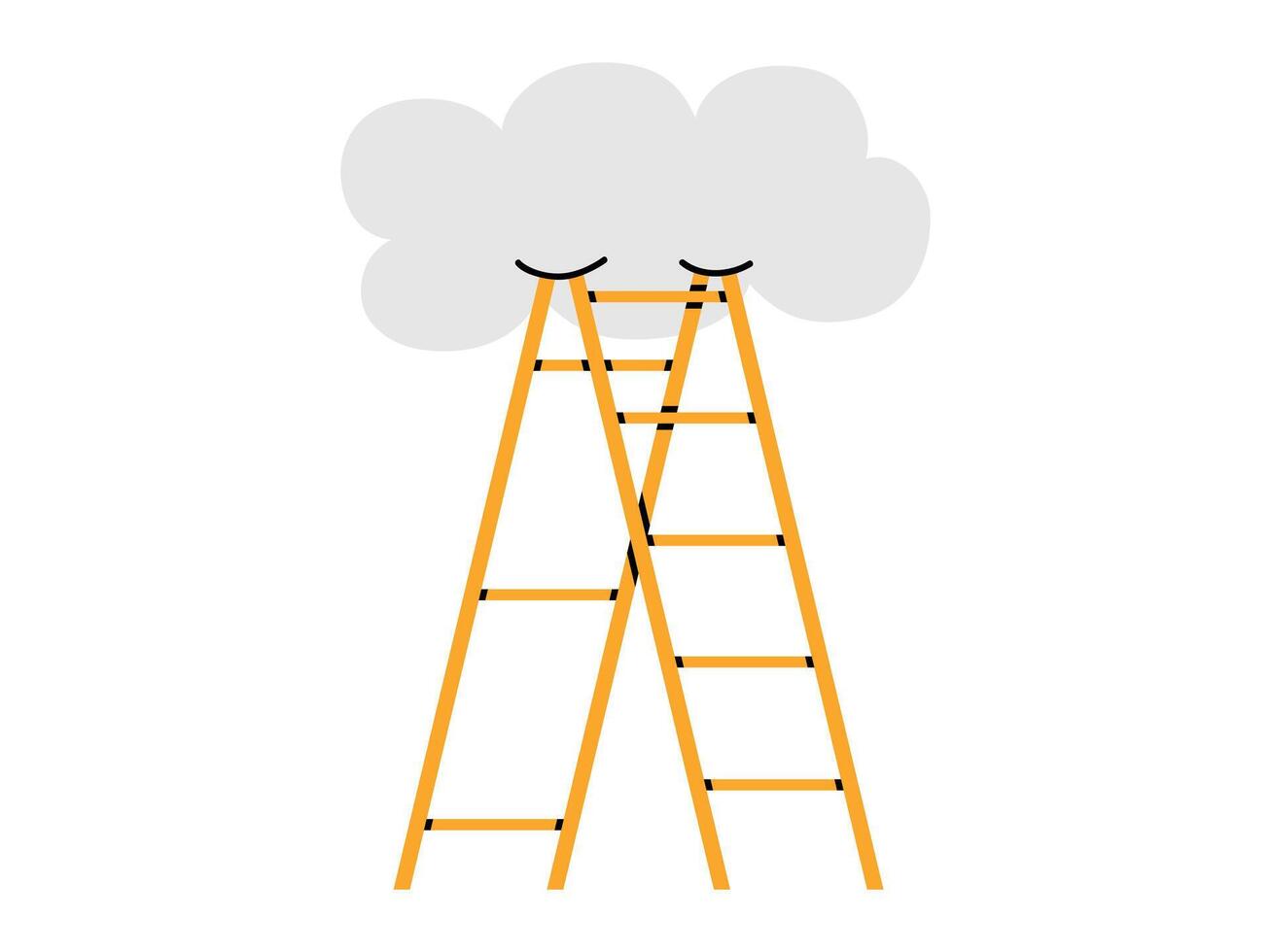 Hand drawn cute illustration of ladder rests on the cloud. Flat way to the sky in colored doodle style. Rise to new level, self-development sticker, icon or print. Isolated on white background. vector
