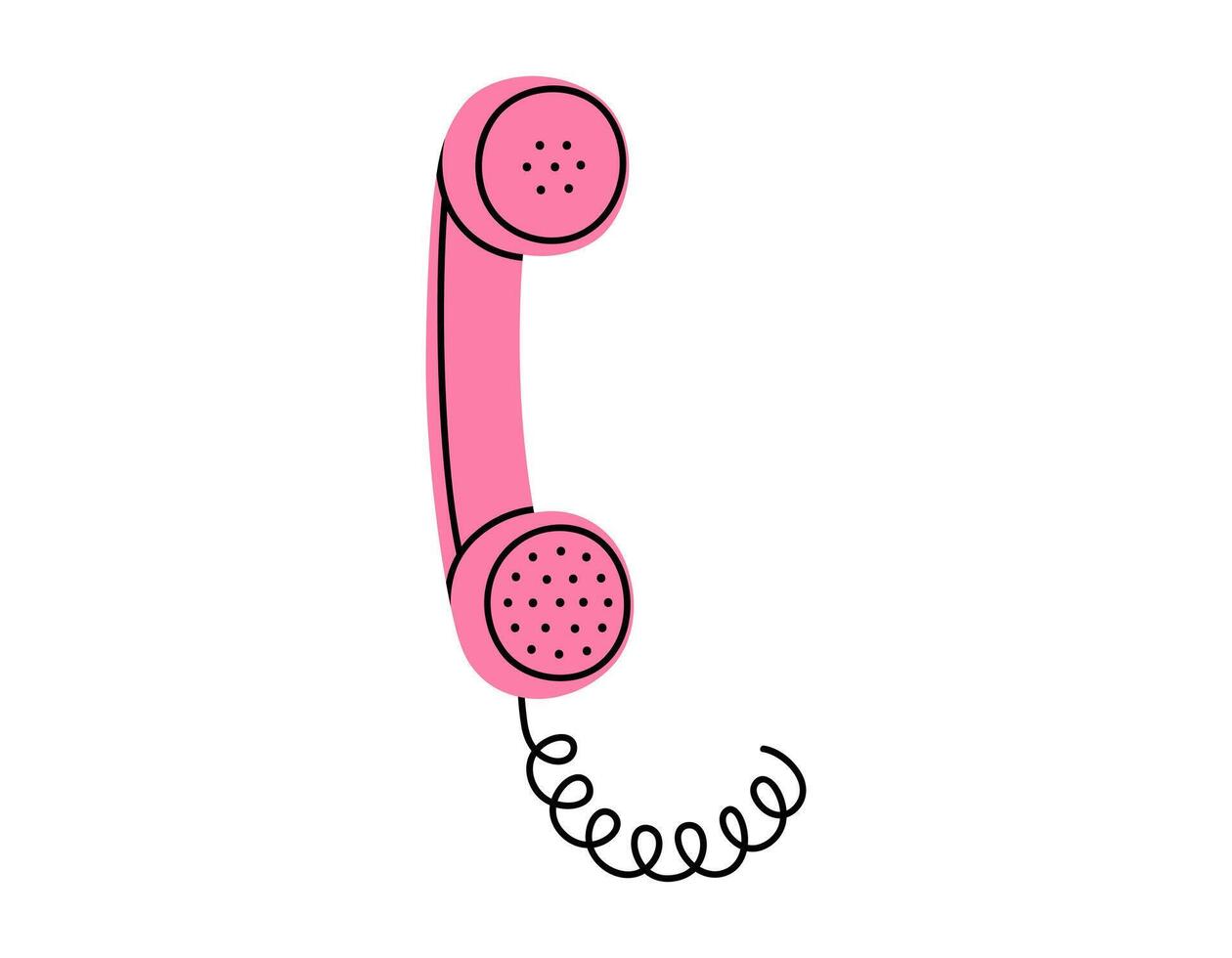 Hand drawn cute cartoon illustration of pink retro phone handset. Flat old telephone with dial sticker in simple colored doodle style. Call device icon or print. Isolated on white background. vector