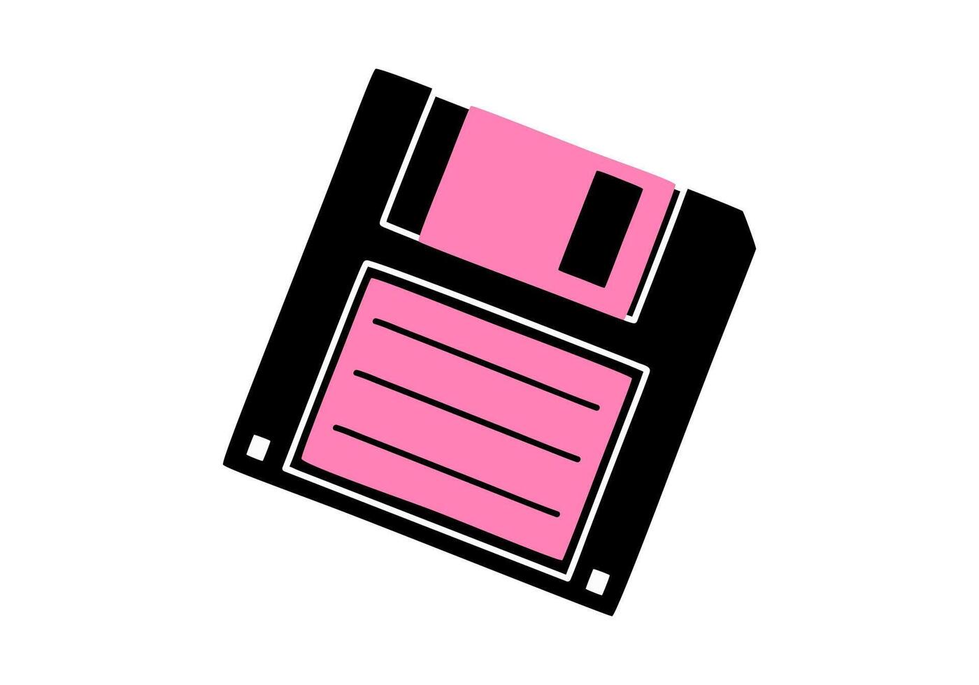Hand drawn cute cartoon illustration of retro diskette. Flat old floppy disk sticker in simple colored doodle style. Disk for storing data icon or print. Save concept. Isolated. vector
