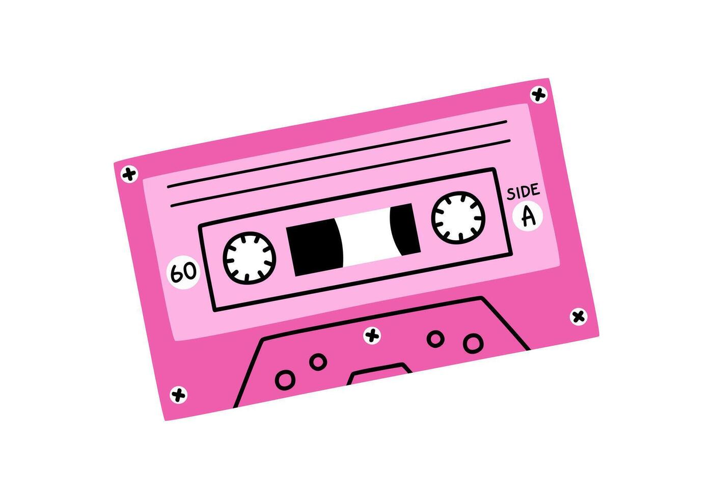 Hand drawn cute cartoon illustration of pink retro music cassette. Flat old audio tape sticker in simple colored doodle style. Sound record device icon or print. Isolated on white background. vector