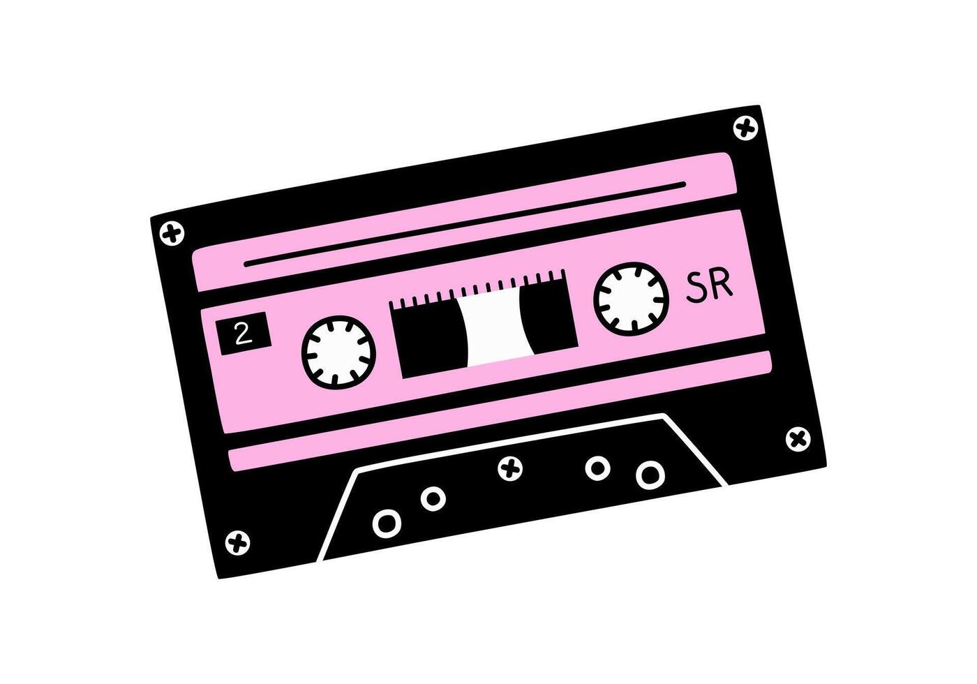 Hand drawn cute cartoon illustration of retro music cassette. Flat old audio tape sticker in simple colored doodle style. Sound record device icon or print. Black and pink colors. Isolated. vector