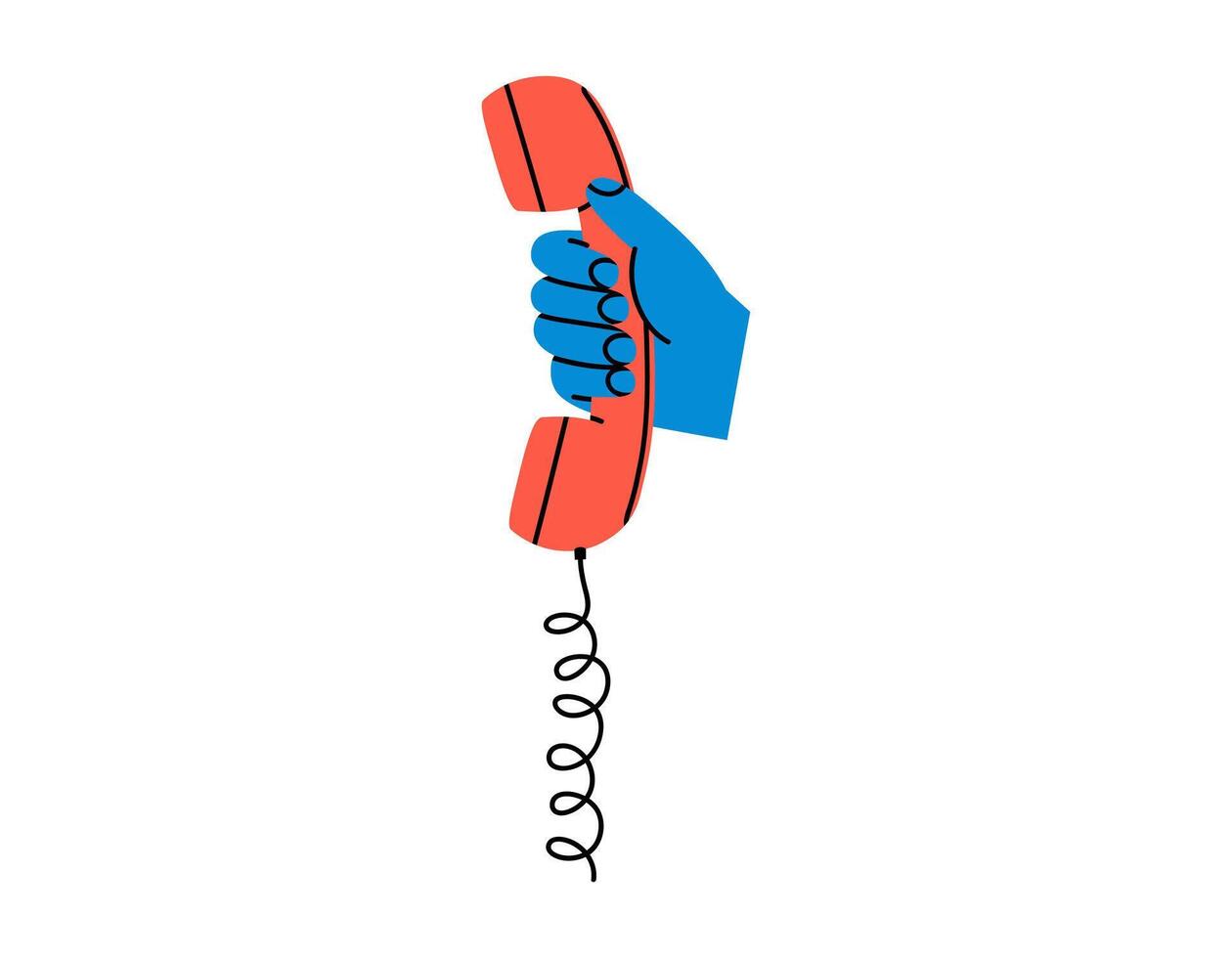 Hand drawn cute cartoon illustration of hand with retro telephone receiver. Flat old phone handset sticker in simple colored doodle style. Making a call icon or print. Isolated. vector