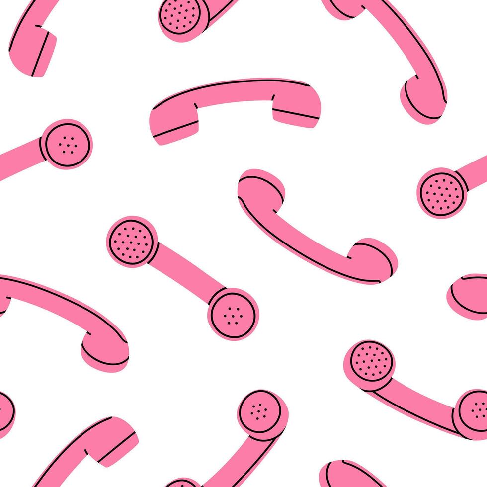 Hand drawn cute cartoon seamless pattern with pink retro phone handset. Flat old telephone with dial print in colored doodle style. Call device receiver background, wrapping or wallpaper. vector